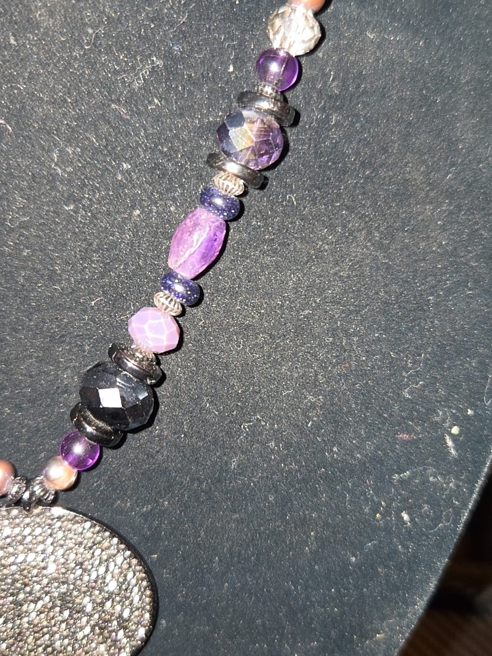 Chico’s Purple Beaded Pavé Disc Pendant Statement Necklace Silver Tone - Picture 6 of 10